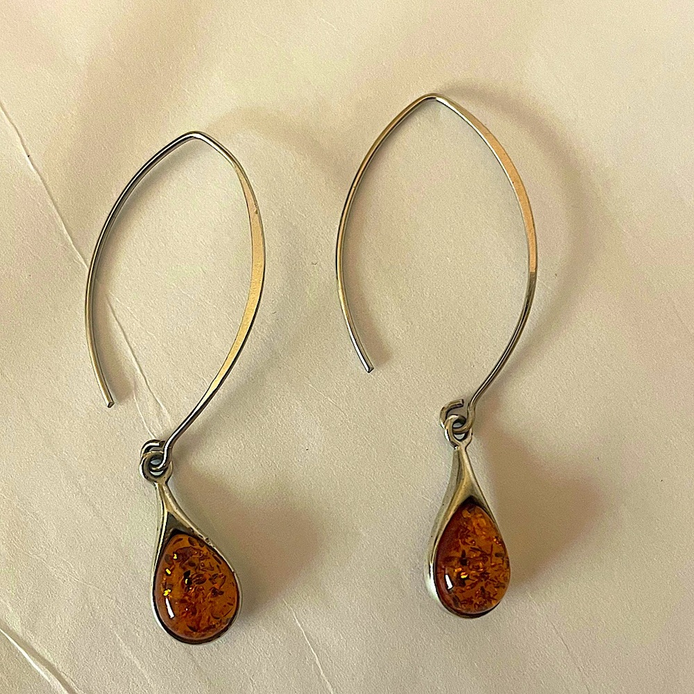 New Sterling Silver Baltic Amber Curved Thread Chick Hoop Earrings Vintage